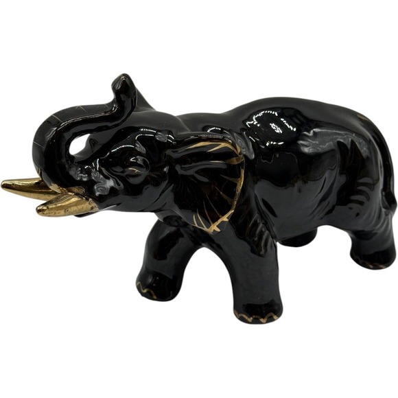 Black Elephant Figurine‎ Gold Accents Ceramic Animal Statue Home Decor - Picture 1 of 9